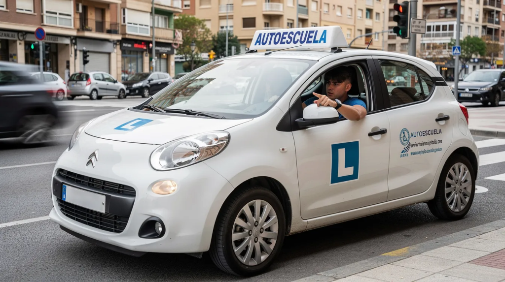 Una persona está aprendiendo a conducir en un coche de autoescuela, mientras recorre las calles urbanas de una ciudad en España. Este proceso es fundamental para obtener el carnet de conducir, que incluye clases prácticas y la preparación para el examen.