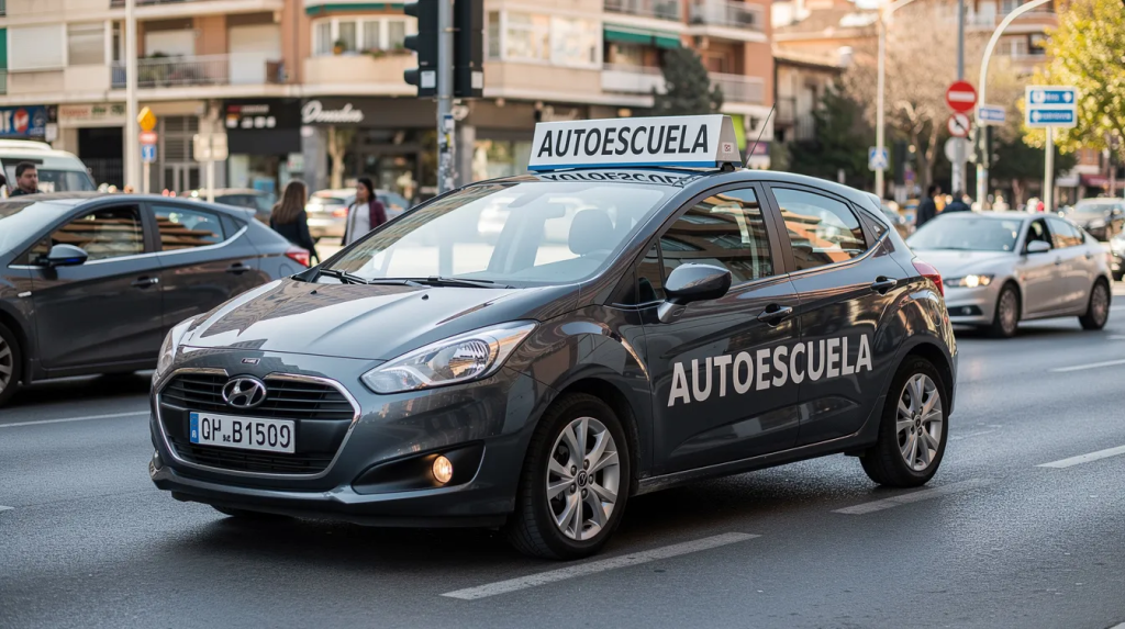 Un coche de autoescuela circula por una calle urbana, mostrando un ambiente de tráfico típico de la ciudad. Este vehículo es utilizado por jóvenes que se preparan para obtener el carnet de conducir en España.