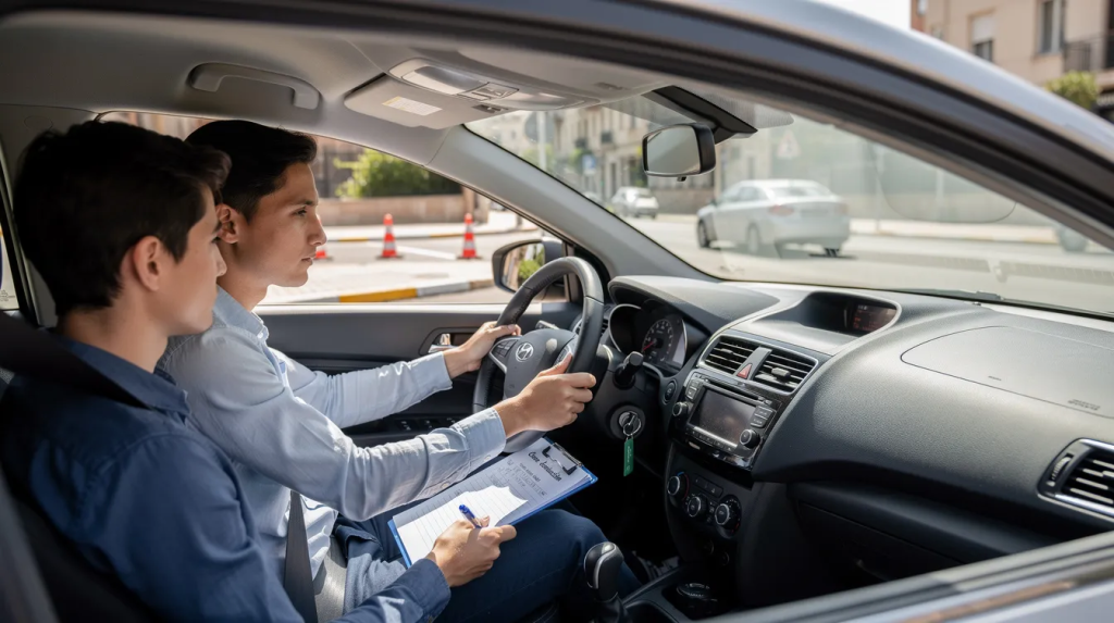 Un coche de autoescuela circula por una calle urbana, mostrando un ambiente de tráfico típico de la ciudad. Este vehículo es utilizado por jóvenes que se preparan para obtener el carnet de conducir en España.